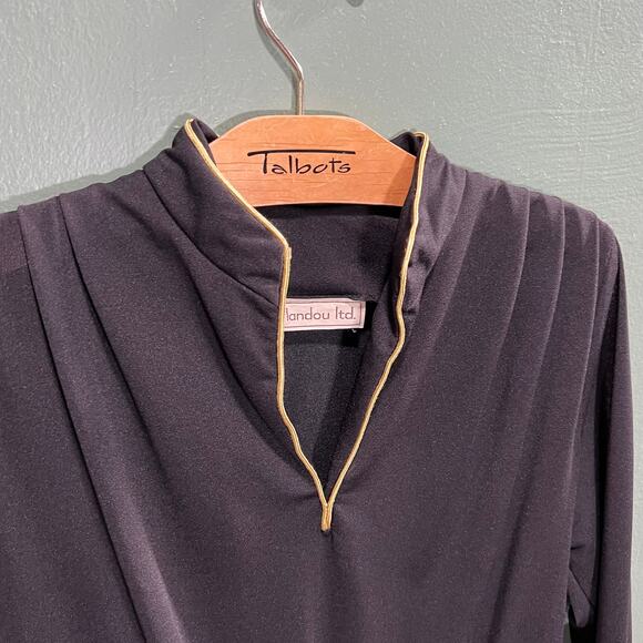 Vintage Landou Black Dress Size 10 Gold Trim Long Sleeve Midi - Picture 5 of 9